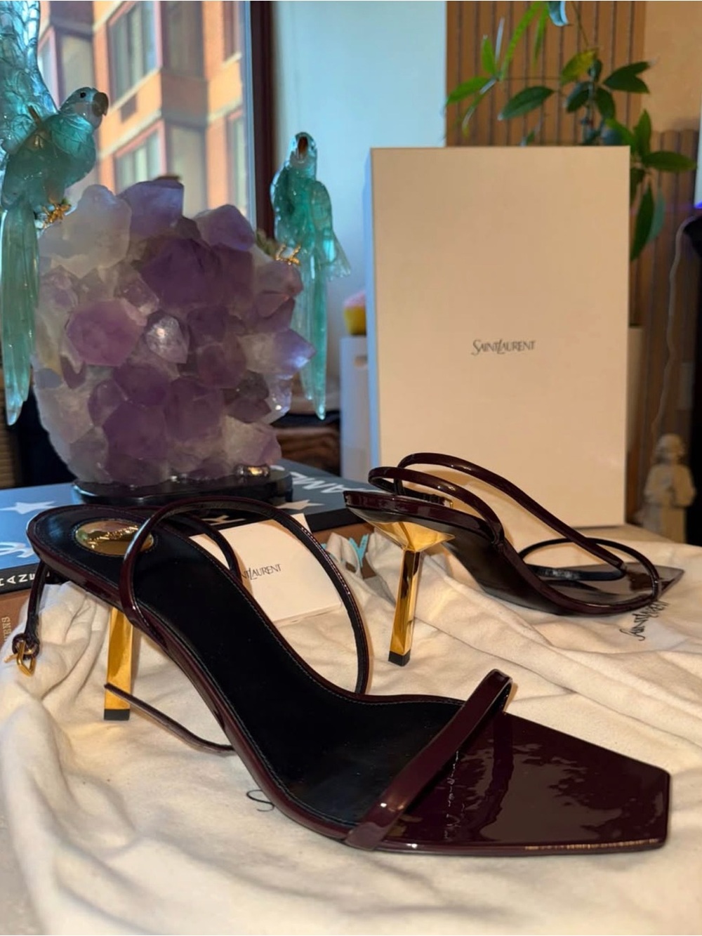 Saint Laurent Burgundy Patent Slingback Heels with Gold Stiletto